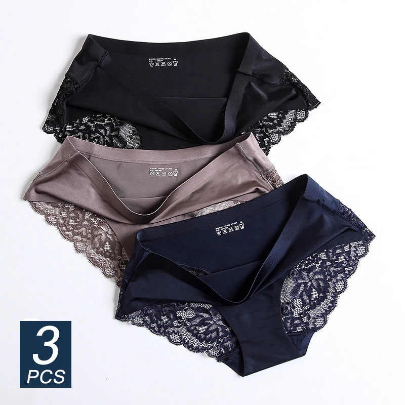 

3 Pcs Sexy Underwear Women's Lace Panties Seamless Low Waist Briefs Nylon Silk Breathable Female Cotton Comfortable Lingerie