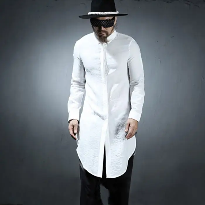 

2016 summer long paragraph shirt men's personality trend Korean youth self-cultivation solid color fold shirt singer costumes