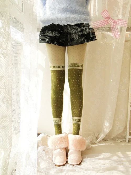 LYNETTE'S CHINOISERIE Spring Autumn Women Vintage Japanese Style Mori Girls  Color Block Polka Dots Jacquiard Leggings Pantyhose