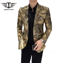 Plyesxale жаккардовый жакет, куртка для мужчин, приталенный мужской повседневный пиджак и пиджак, полосатый узор, Свадебный Блейзер, Q157