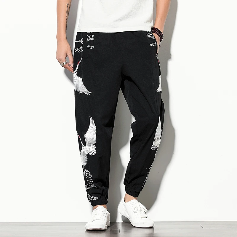 

Men Crane Embroidery Joggers Hip Hop Harem Sweatpants Male Casual Trousers Summer Pants