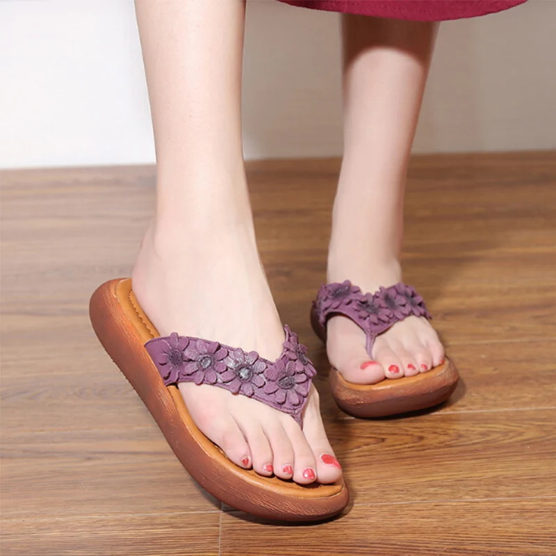 

RUSHIMAN Every Day Special New Style Original Son Sweet Flower Real Skin Cool Drag Female Flat Comfortable Slope And Slippers