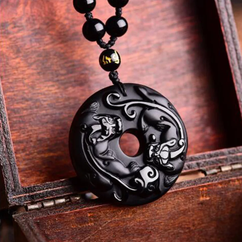 High Quality Fine jewelry Chinese Natural Black obsidian necklace Carved Buddha Maitreya lucky