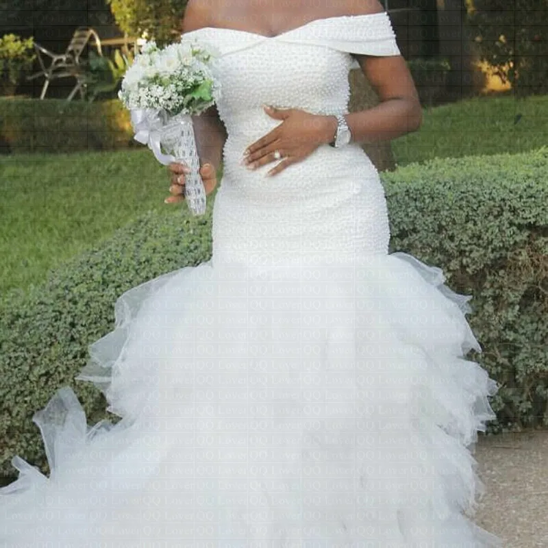 

2019 New African Full Pearls Beading Mermaid Wedding Dress Ruffles Bridal Gowns vestito da sposa