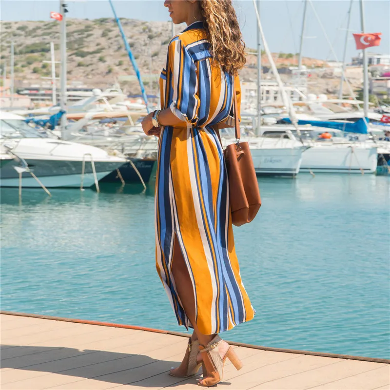 Ahmagen 2019 Summer Dress Long Sleeve Striped Chiffon Dress Lace Up Shirt Maxi Dresses Elegant Ladies Boho Beach Wear Vestidos Ahmagen 2019 Summer Dress Long Sleeve Striped Chiffon Dress Lace Up Shirt Maxi Dresses Elegant Ladies Boho Beach Wear Vestidos