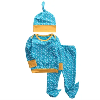 

Newborn Infant Baby Boy Girl Autumn Long Sleeve Blue Arrow T-shirt+ long Pants+Hat 3pcs Baby Cotton Clothing