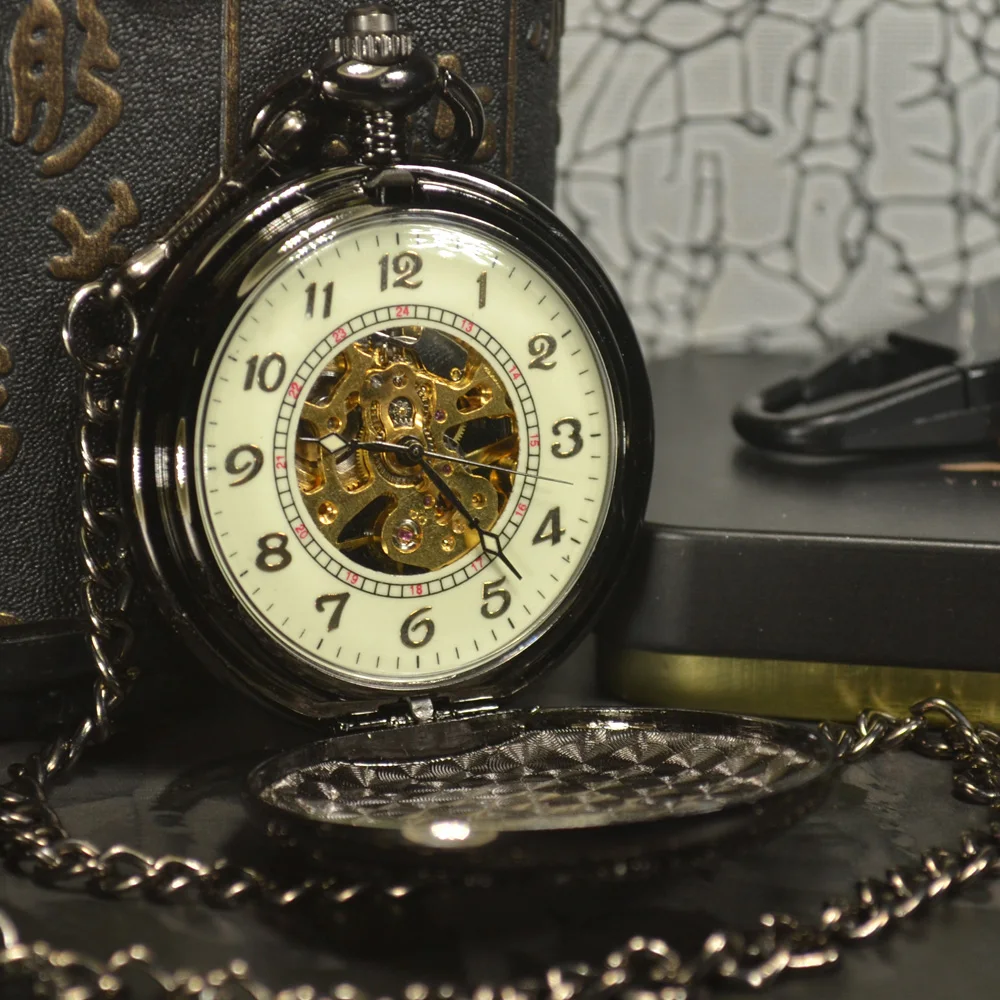 Механические карманные часы TIEDAN с черным циферблатом и скелетом, мужские антикварные Роскошные брендовые часы с цепочкой и брелоком