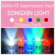 250 шт./упак.)(светодиодный | Круглый 5 мм) 5 мм светодиодный Ассортимент Комплект, ультра яркий, прозрачный, зеленый/желтый/синий/белый/красный, светильник на светодиодах