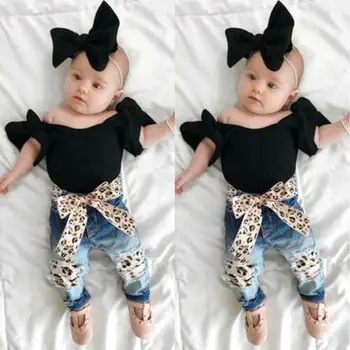 

3PCS Kids Baby Girl Crop Tops T-Shirt+Leopard jeans Pants Outfit Summer Clothes