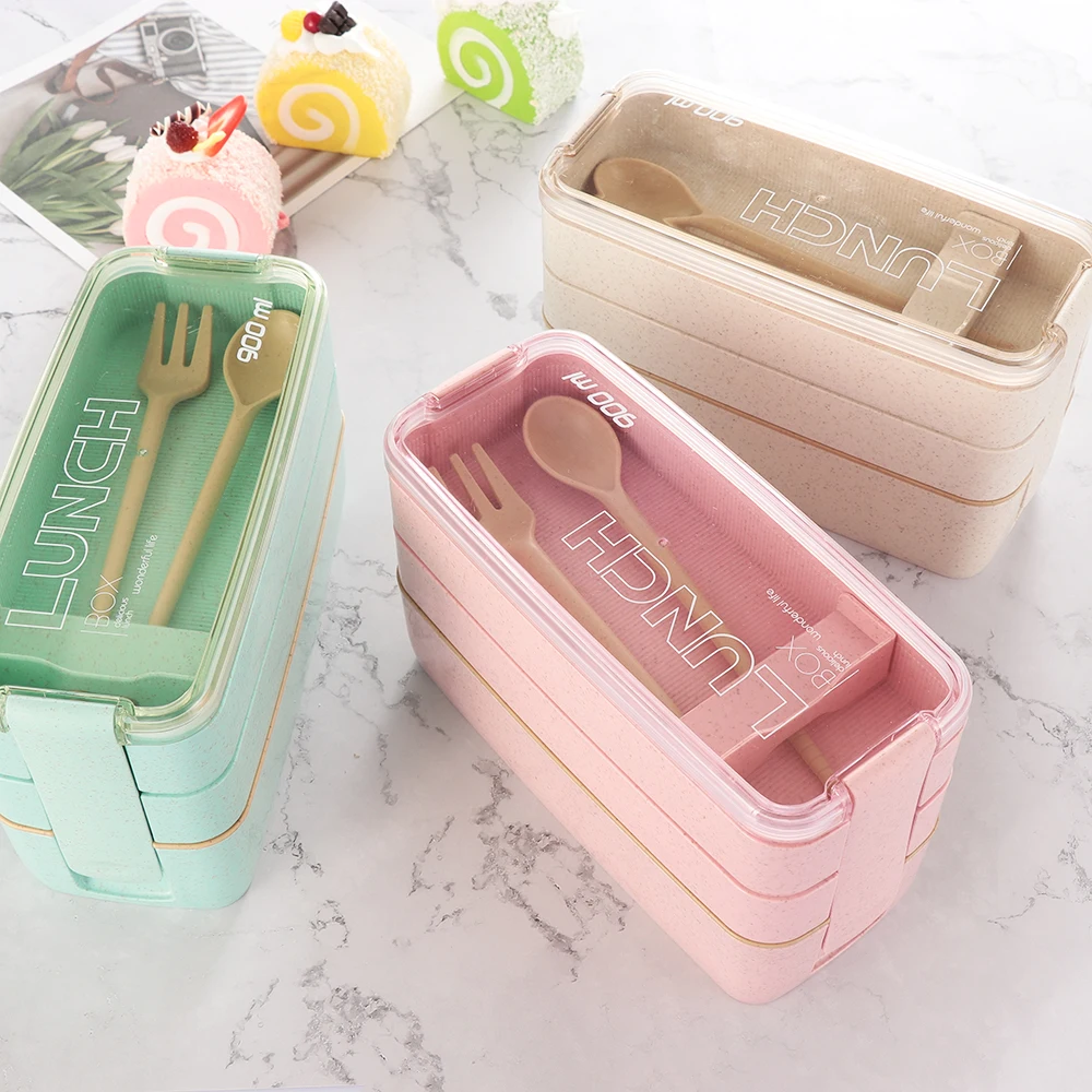 1 SET 900ml 3 Layer Lunch Box Wheat Straw Boxes Microwave Dinnerware
