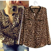 New Nice Fashion Women Wild Leopard Print Chiffon Blouse Sexy Long-sleeve Top Shirt Loose Plus Size V-neck Leopard Blouse A811