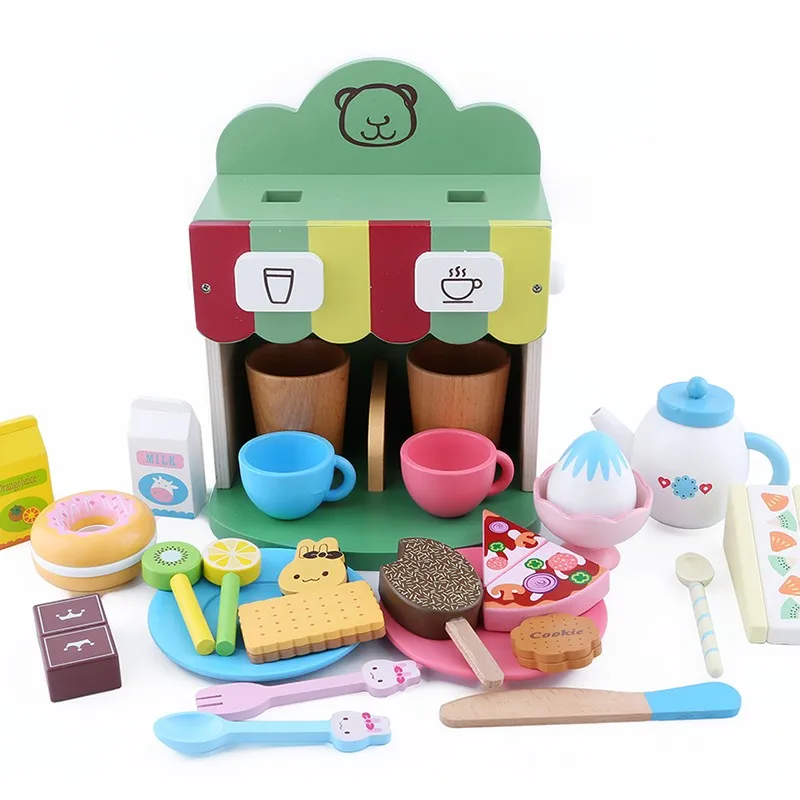 Kids Wooden Kitchen Toys Coffee Machine Set Pretend Toy Wooden