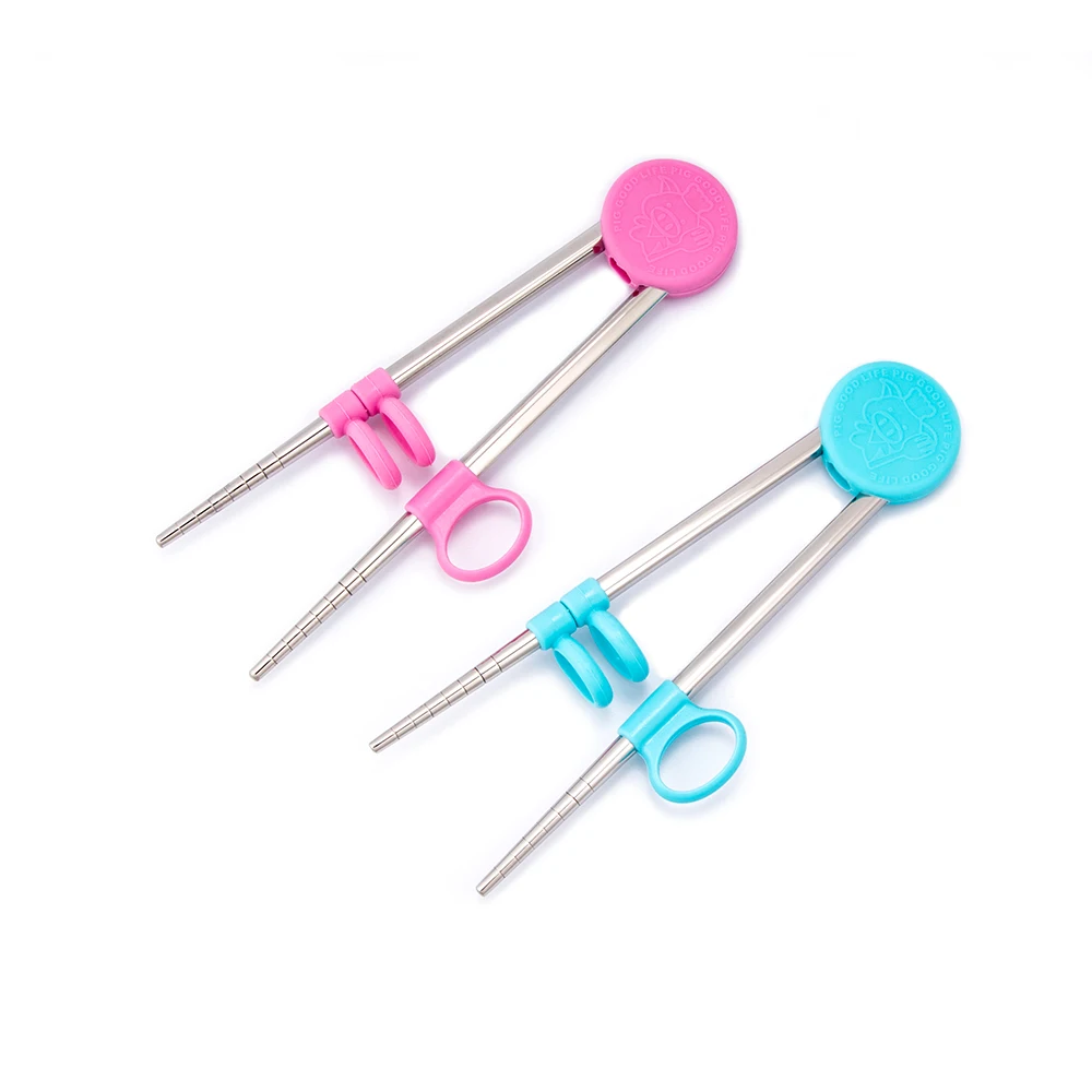 

1 Pair Removable Reusable Cute Pig Stainless Steel Corrective Multi-Step Practice Learning Training Chopstick for Kids Baby