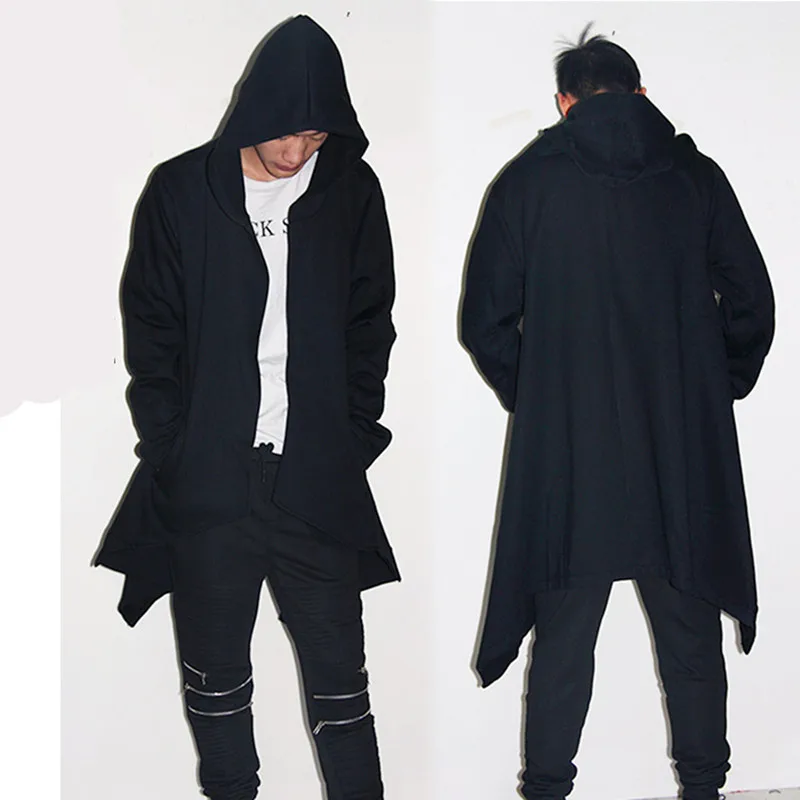 Punkool Men Hoodie Sweatshirt Coat Dovetail Cardigan Hood Black Cloak