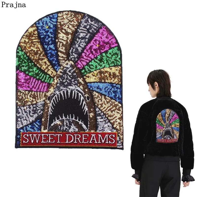 

Prajna Rainbow Shark Sequin Patches Sweet Dreams Iron On Patches Sharp Teeth Embroidered Appliques For Clothing DIY T-shirts