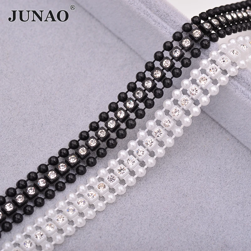 

JUNAO 1 Yard Clear Black Sewing Rhinestone Trim Strip Crystal Ribbon Applique Strass Banding for Clothes Crafts