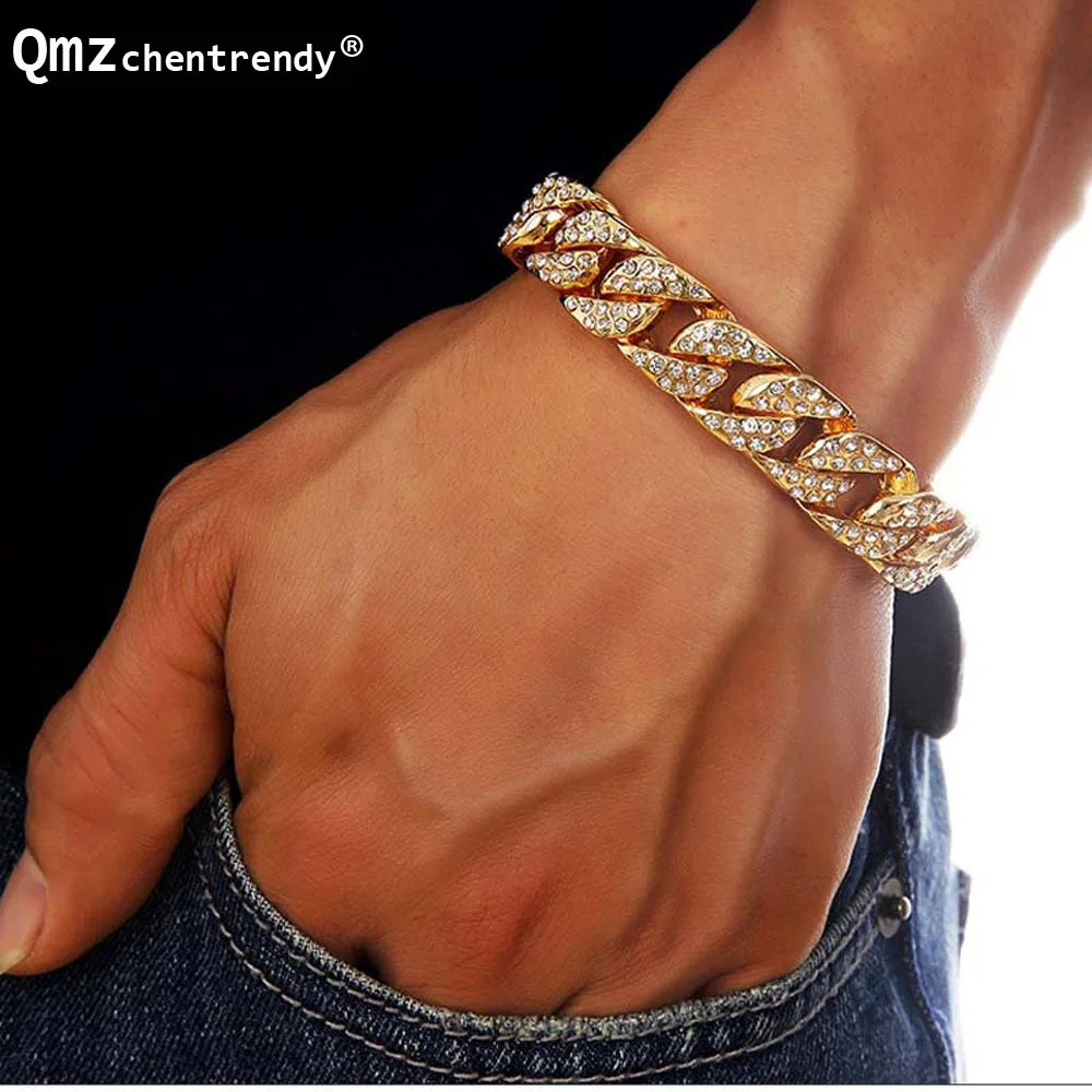

Extra-coarse 24K Real Gold Plated MIAMI CUBAN LINK Exaggerated Rhinestone Bracelet Hip Hop Bling Jewelry Hipster Men Wristband