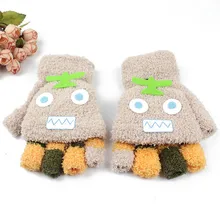 Плотные теплые бархатные вязаные перчатки кораллового цвета на половину пальца; зимние детские милые Мультяшные перчатки для девочек