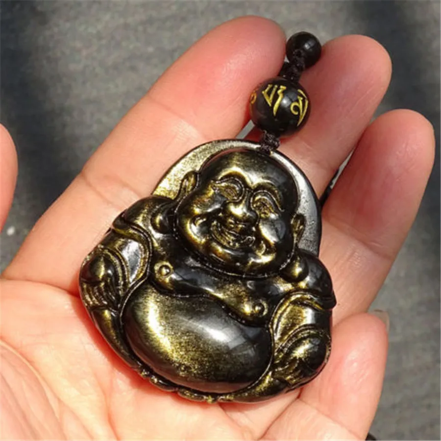 Genuine Natural Gold Black Obsidian Crystal Maitreya Buddha Shape Pendant 43x43x10mm For Woman and Man AAAAA (3)