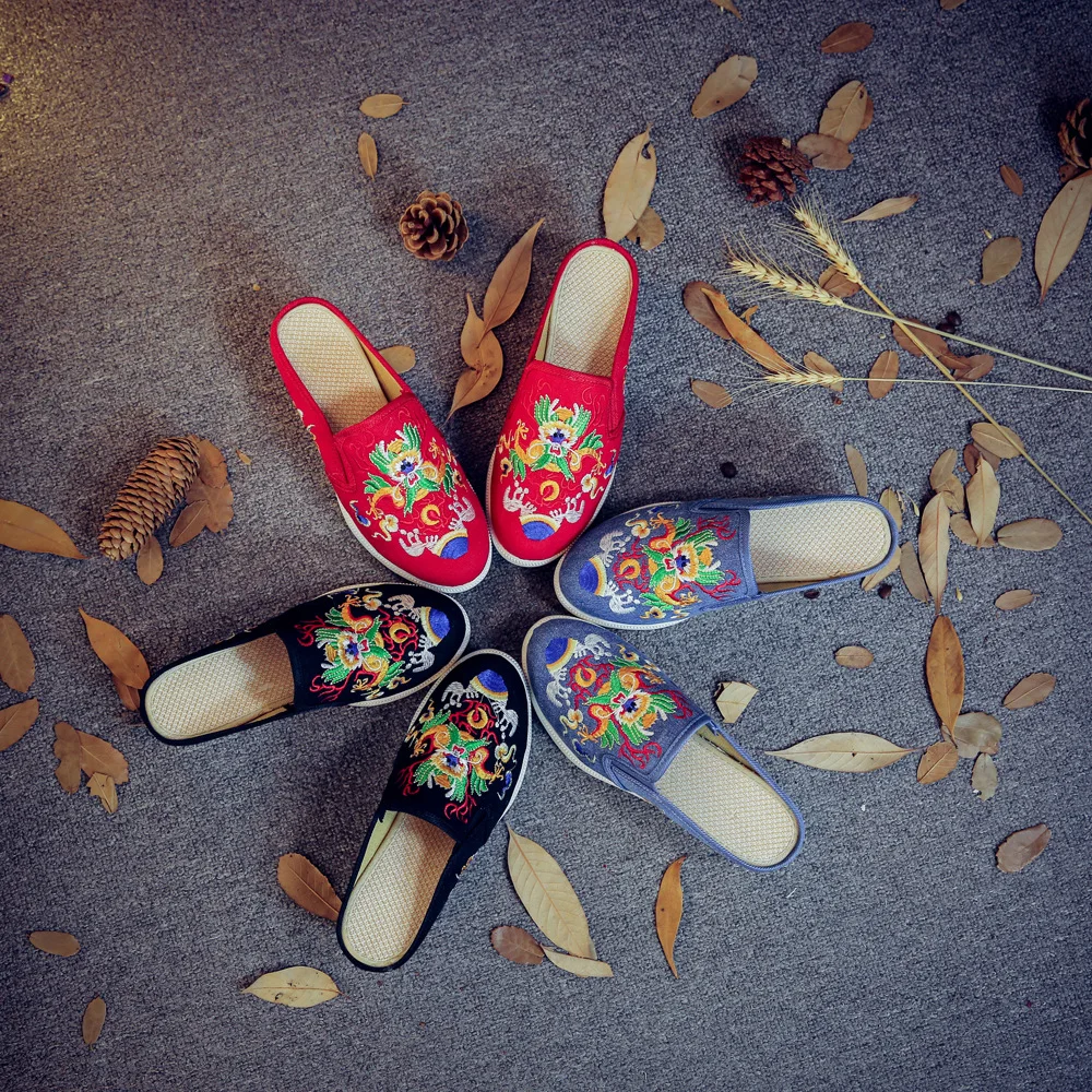 Весенне-летняя парусиновая обувь на платформе в этническом китайском стиле с вышивкой дракона, женские шлепанцы с круглым носком, сандалии без шнуровки, большие размеры 35-41