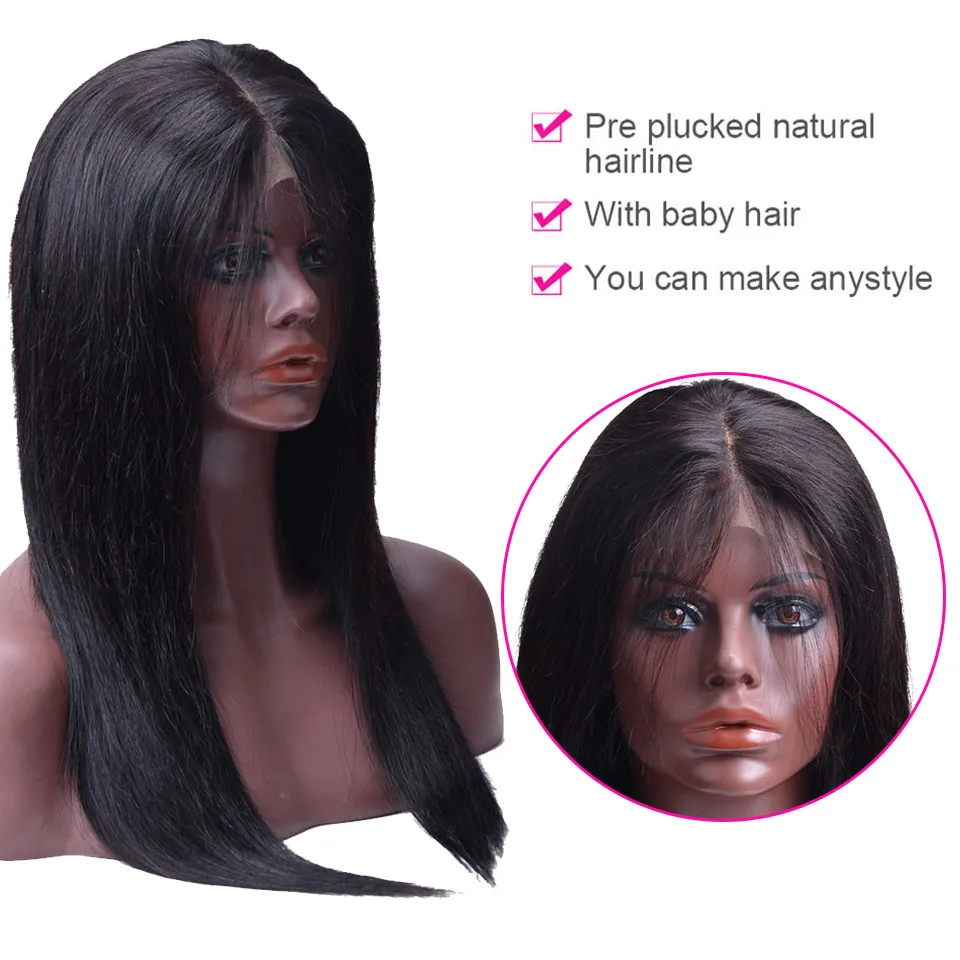 Прямые Синтетические волосы на кружеве человеческих волос парики для черный Для женщин Glueless Полный конец бразильской Волосы remy