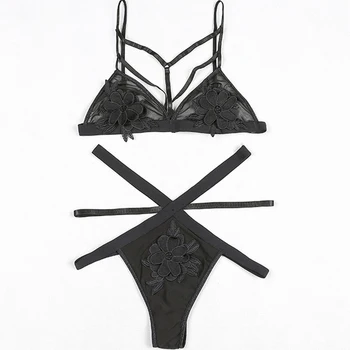 

DeRuiLaDy Summer Bra Set Women Floral Wire Free Embroidery Net Yarn Ladies Sexy Underwear Suit Bandage Female Lingerie Set
