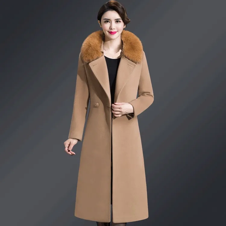 Beste 5Xl 2018 Winter Middelbare Leeftijd Vrouwen Wol Blends Jas Faux Vos Bontkraag Plus Size Jas Turn Down Kraag lange Slanke Wollen Jas