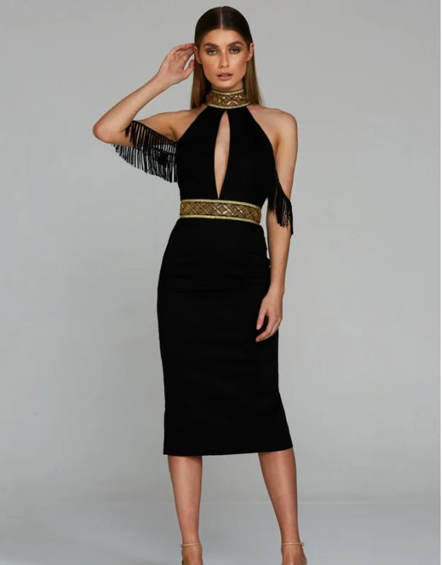 2017 New Black Sleeveless Turtleneck Cut Out Beading Tassel Knee Length