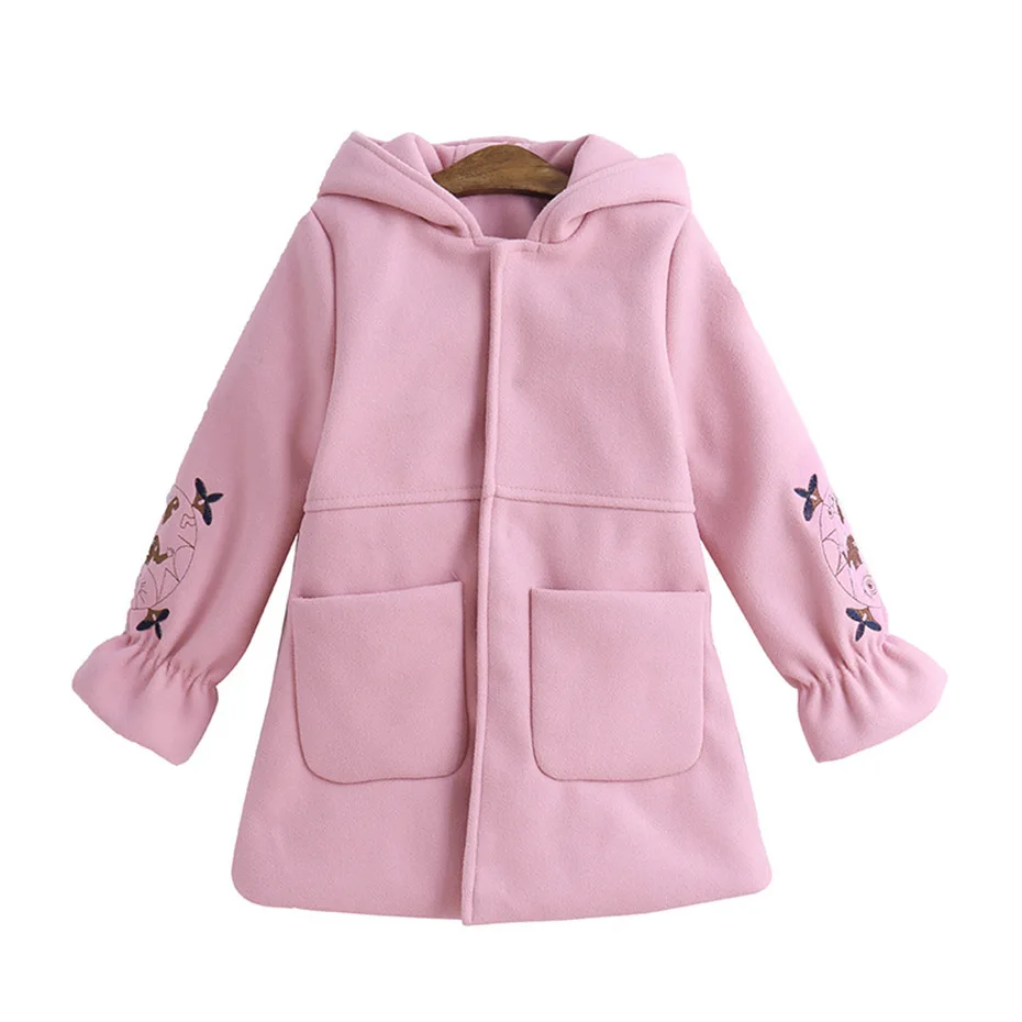 Шерстяное пальто для девочек длинные зимние куртки для девочек, плотная детская верхняя одежда с вышивкой Осенняя Рождественская Одежда для девочек-подростков от 4 до 14 лет - Цвет: pink