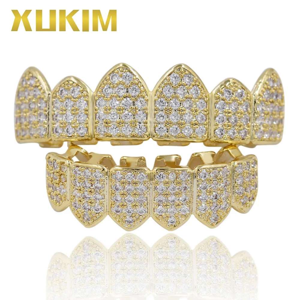 

Xukim Jewelry Bling Bing Silver Gold Color Zirconia Iced Out Top & Bottom Teeth Grillz Vampire Fangs Rapper Hip Hop Jewelry Gift