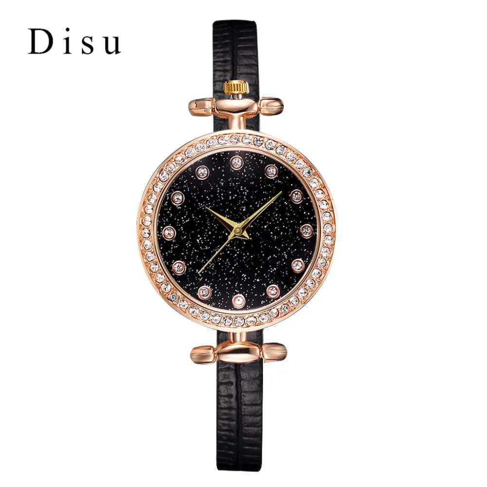 Бренд Disu женские винтажные часы повседневные маленькие кожаные Наручные часы простые кожаные Стразы Кварцевые женские наручные часы