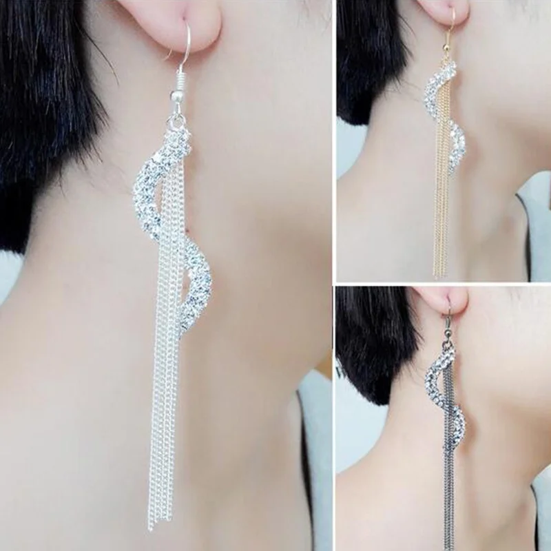 

Beautiful Party S Shape Drop Earrings Long Tassels Rhinestone Hook Dangle Ear Linear Drop Earrings Accessories
