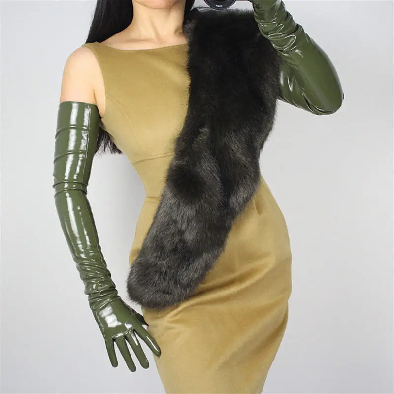 Extra Long Gloves Woman Long Section Simulation Leather PU Warm Female Patent Leather Gloves Bright Dark Red 70cm P56
