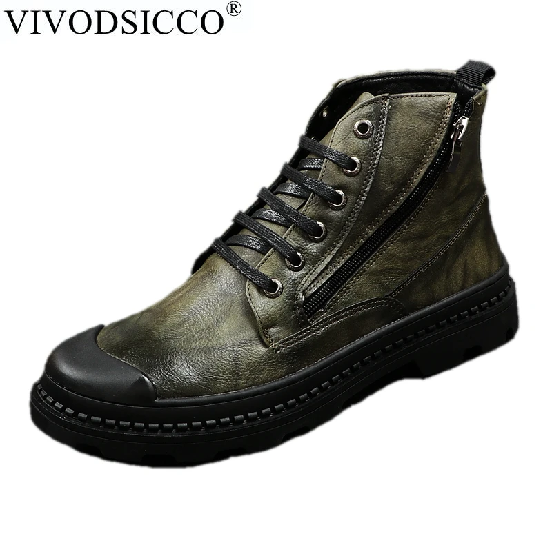 

VIVODSICCO Men Ankle Boots Vintage Shoes Genuine Leather High Top Desert Boot Mens Carved Shoes Retro Botas Male Motorcycle Boot
