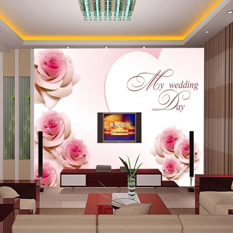 Custom 3d mural Romantic pink rose wedding room bedroom ...