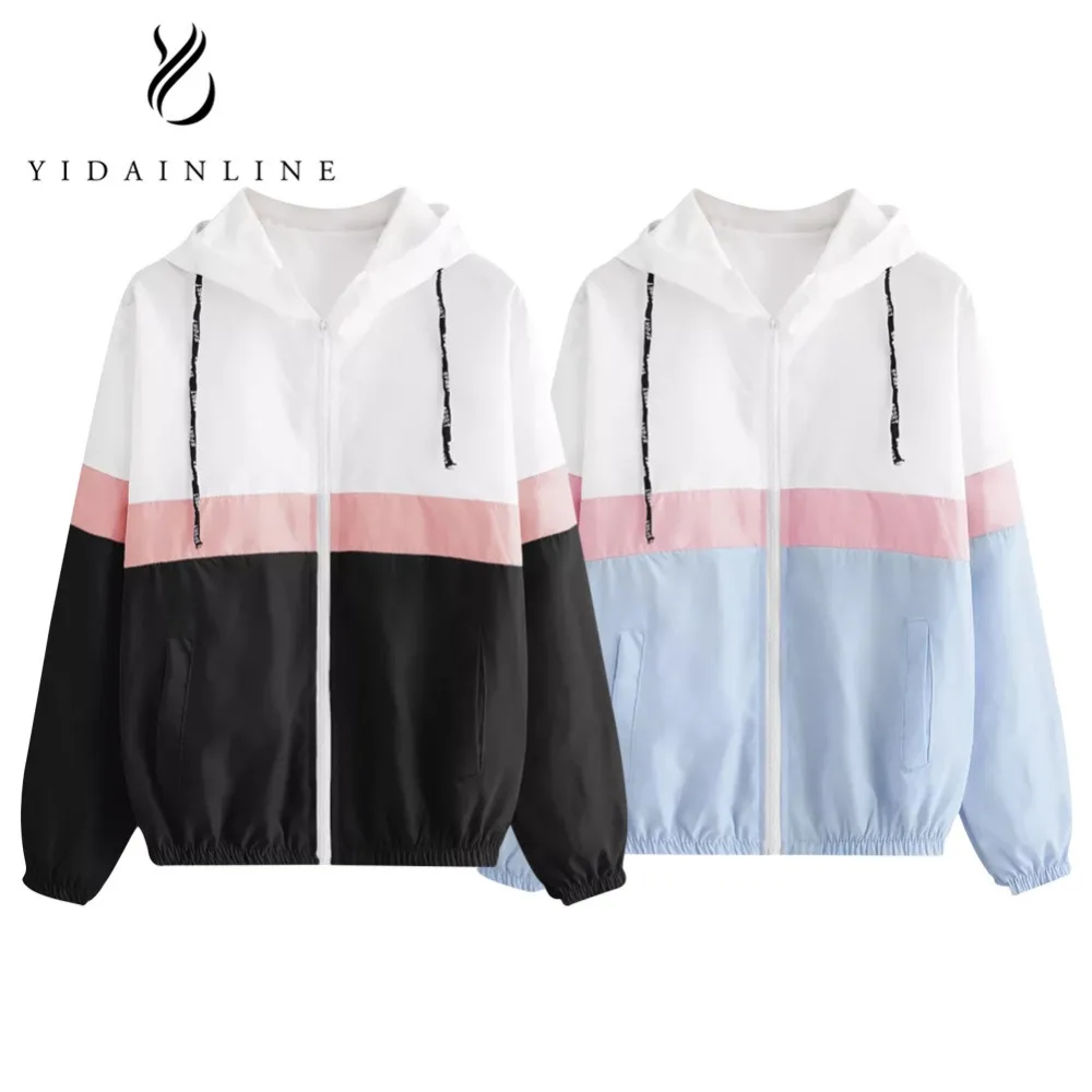 

Autumn Hoodies Women Windbreaker Casual Hooded Patchwork Jackets Clothes Color Block Elastic Waist Drawstring Coats Female Tops