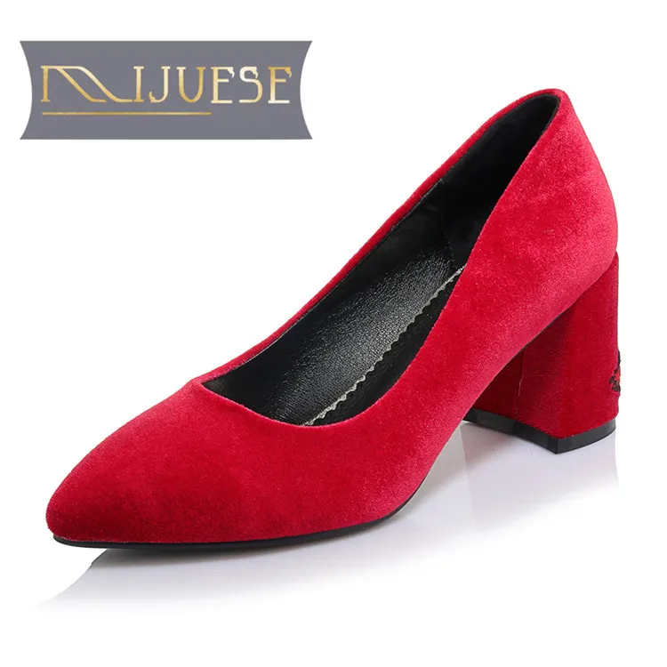 

MLJUESE 2018 women pumps autumn spring Flock slip on flowers red color pointed toe high heels women size 34-42