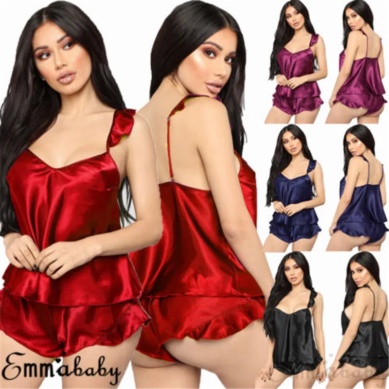 

Hot Soft Satin Silk Sexy Lingerie Babydoll Underwear Women's Sleepwear Chemise Nightwear Pajama Sets Lace Stylish new