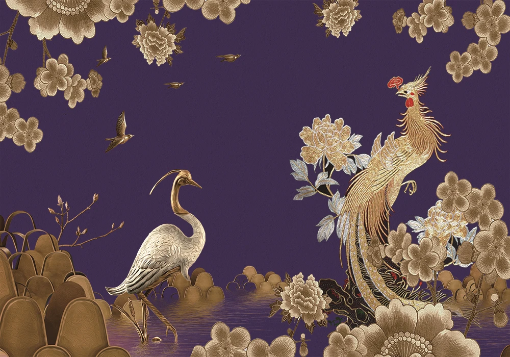 Украшение текстильные обои Новая китайская живопись маслом стиль красивый феникс белый журавль ТВ фоновая стена