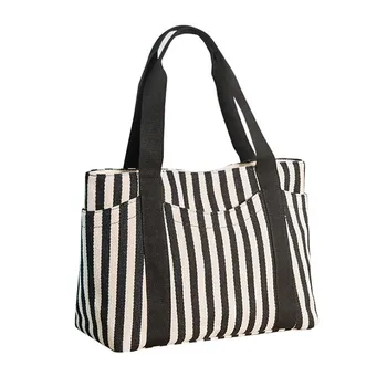 

Arsmundi Fashion Handbags Striped Canvas Women's Shoulder Bag Mummy Daily Use Bag Tote High Capacity Casual Shopping Cotton Bags