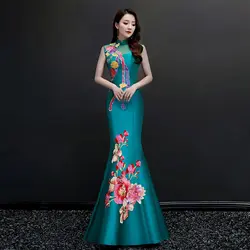 Вышивка цветок Китайский Женский Cheongsam градиентный цвет цветочный формальный вечернее платье Мандарин Воротник ручной работы