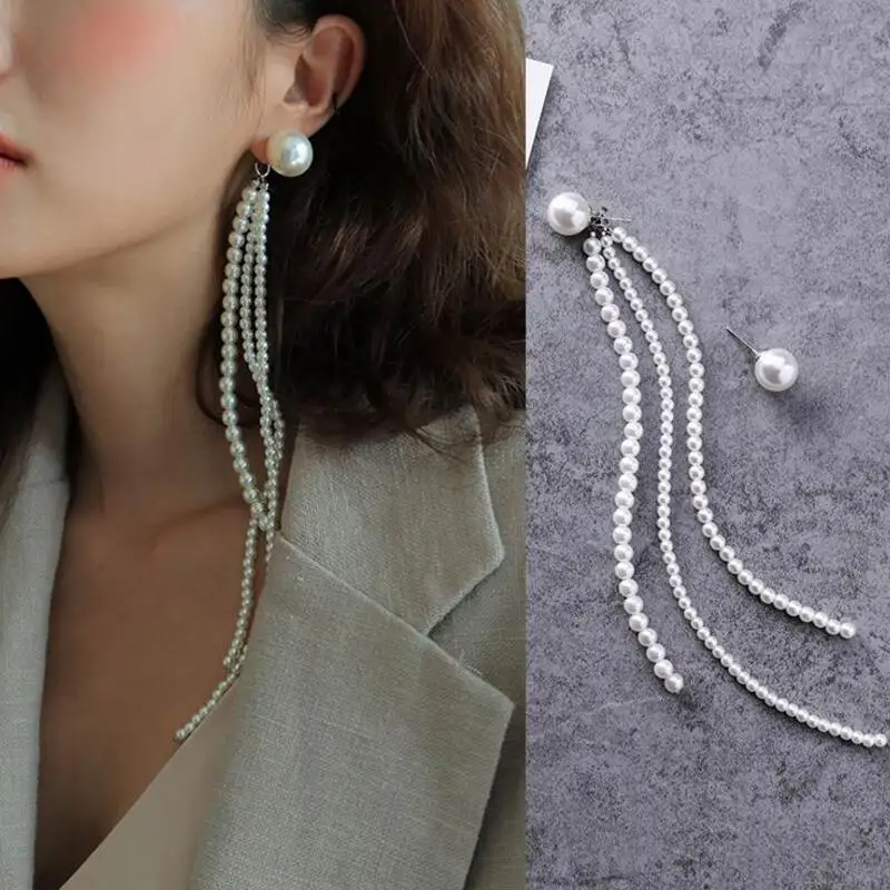 

MENGJIQIAO 2019 New Fashion Personality Beaded Simulated Pearl Tassel Long Earrings for Women Statement Asymmetric Earings Femme