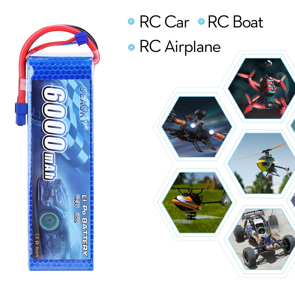 SEASKY Racing 2S lipo battery 7.4v 6000mAh 60C For rc helicopter rc car rc boat quadcopter Li-Polymer battey