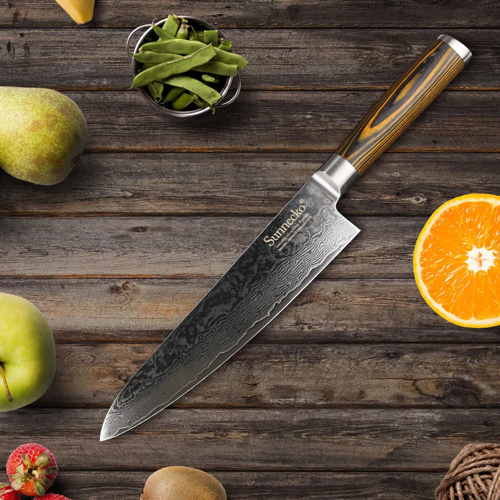 

SUNNECKO 8" Damascus Chef Knife Japanese VG10 Steel Blade kitchen knives Pakka Wood Handle Sharp Meat Cutter Chef's Knife Gift