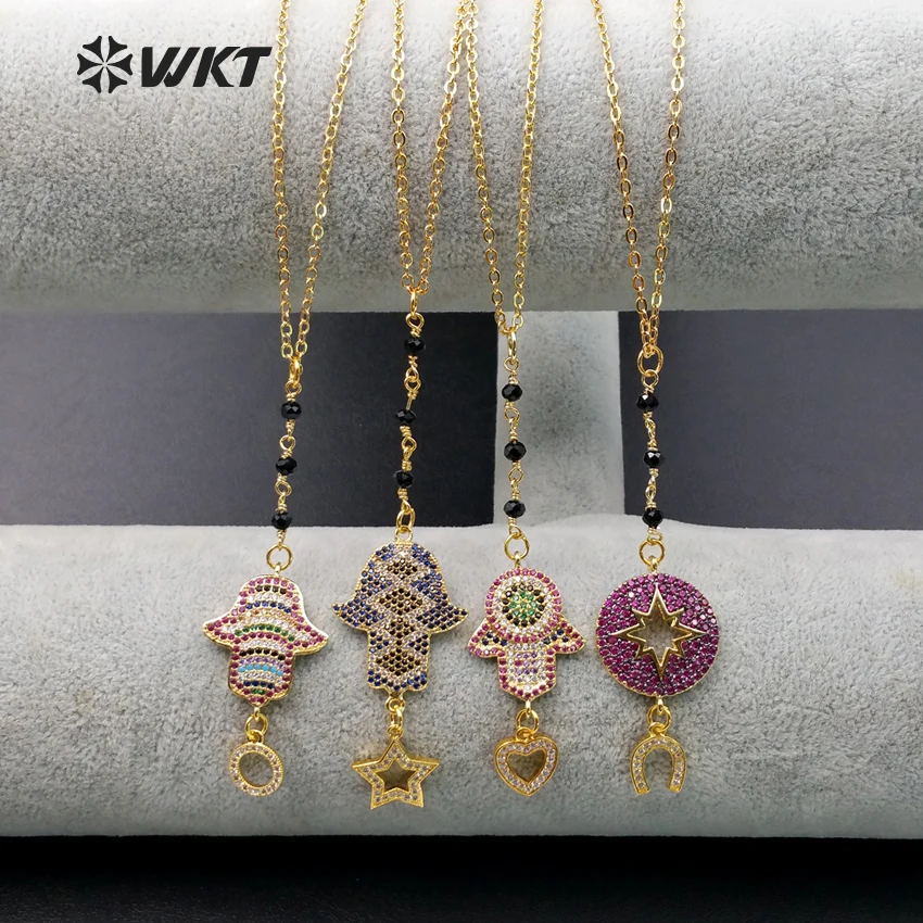 

WT-MN911 Wholesale Custom Micro Paved Cubic Zirconia Necklace Lovely stars, moon, palm CZ Necklace For Women Gift