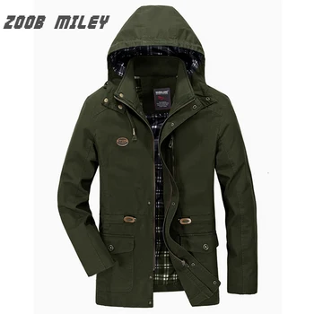

ZOOB MILEY Men Autumn Spring Hooded Coat Hat Detachable COTTON Men Jackets Long Sleeve Military Style Casual Outerwear Plus Size