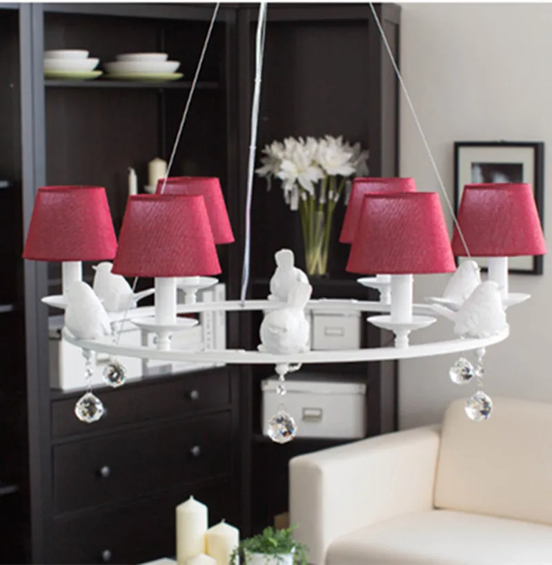 

lovely birds dining chandeliers Kids light metal iron chandelier red fabric lampshade led lamps Children Room hanging lighting