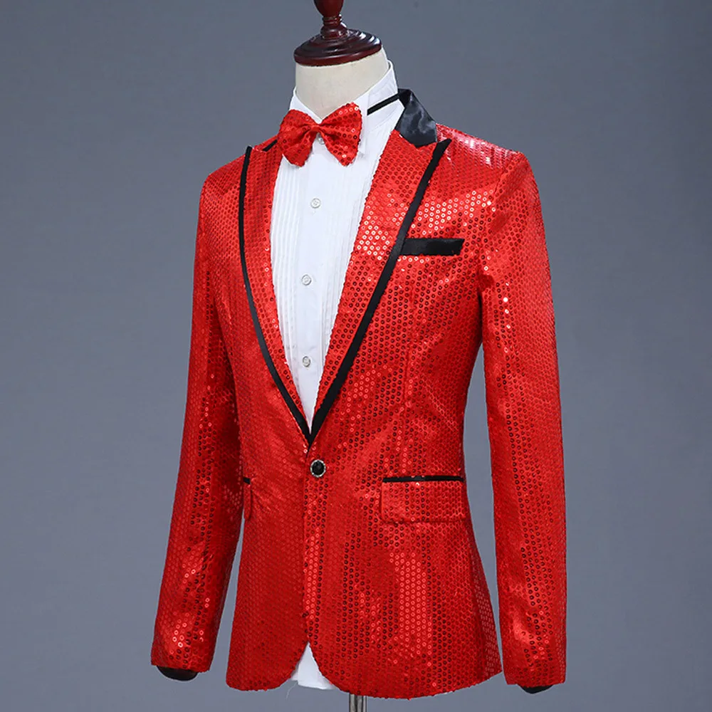 Мужской тонкий костюм с пайетками из 2 предметов, 7 цветов, однобортный Блейзер, вечерние куртки с длинными рукавами и галстуком-бабочкой# LR3