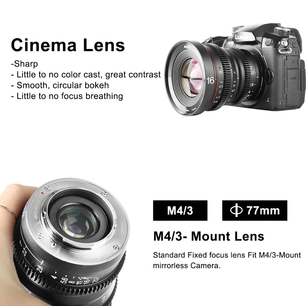 Meike 16 мм T2.2 ручная фокусировка асферический портретный объектив Cine для Olympus Panasonic Lumix Micro Four Thirds(MFT, M4/3) крепление