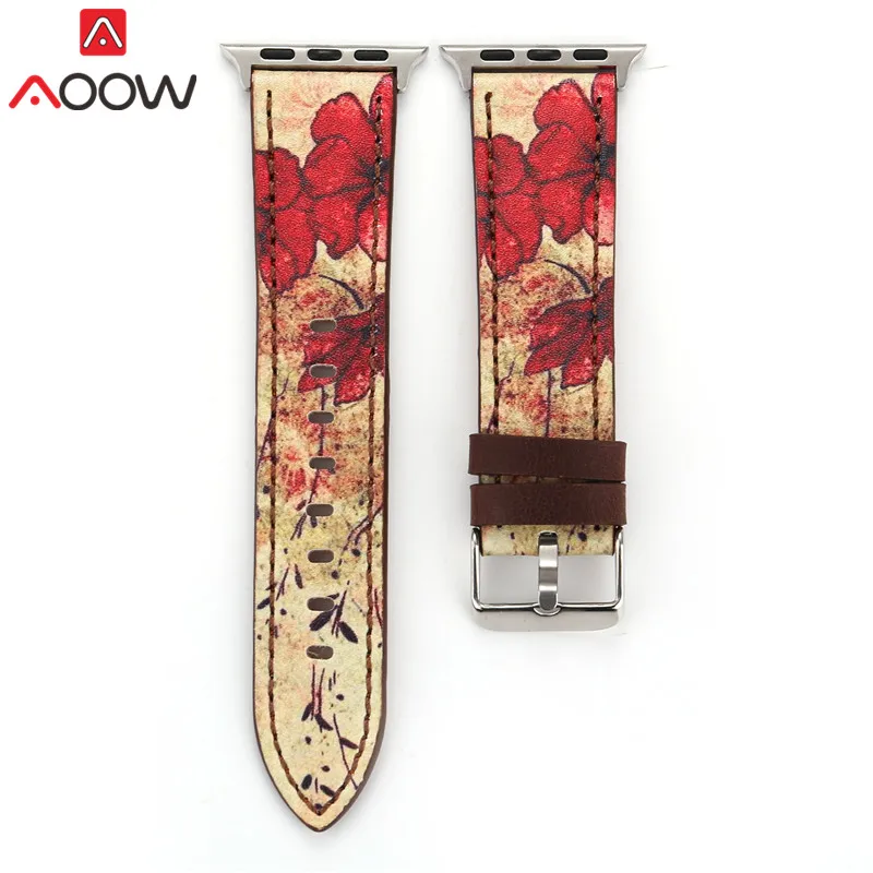 Achat Vintage Bracelet En Cuir Pour Apple Montre 38mm 42mm Rouge Fleur Imprimer Femmes Hommes Remplacement Bracelet Bracelet Bande pour iwatch 1 2 3